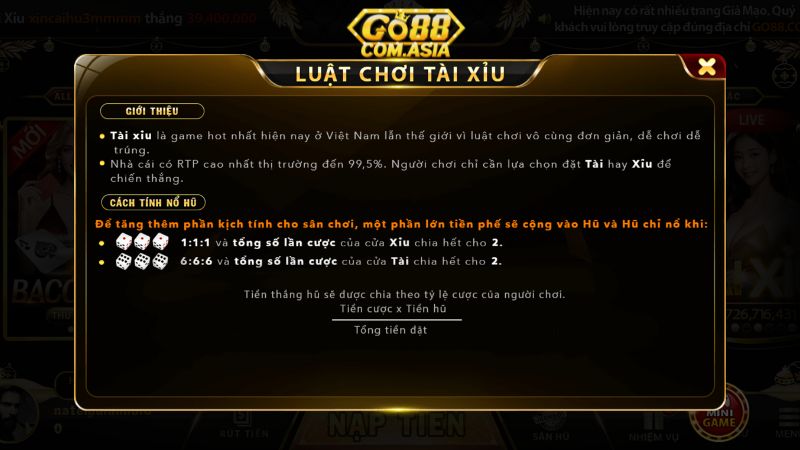 Luật chơi tài xỉu Go88 chi tiết